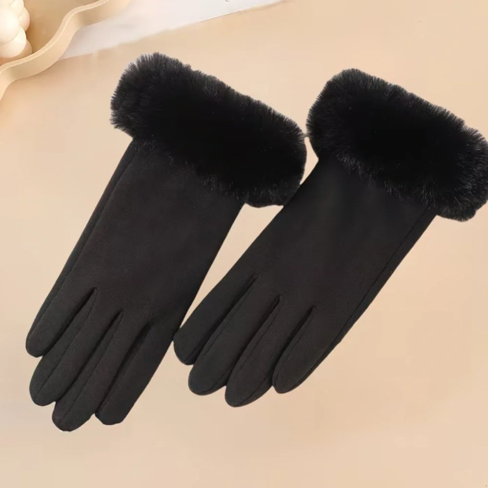 Elegant Black Fur-Trimmed Gloves Touchscreen